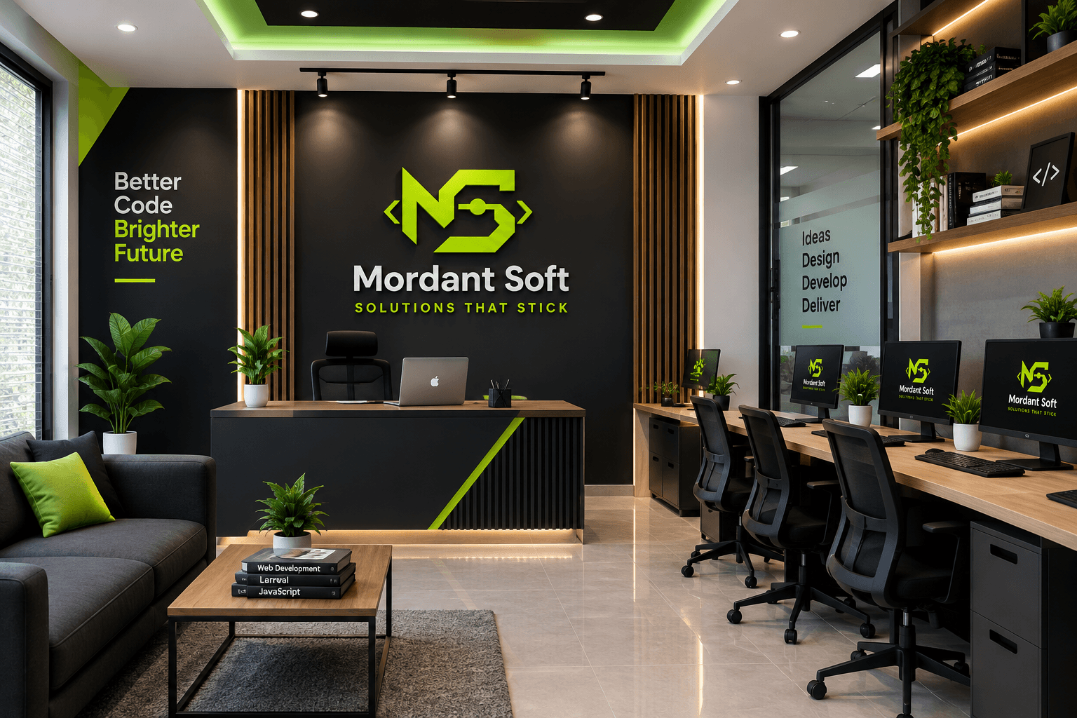 Mordant Soft office interior design, in progress — reception wall with the company logo and workstations